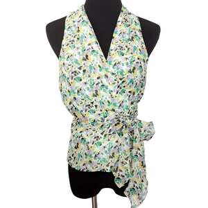 Nicole Miller 100% Silk Wrap Blouse V Neck Sleeveless Mint Floral Womens M